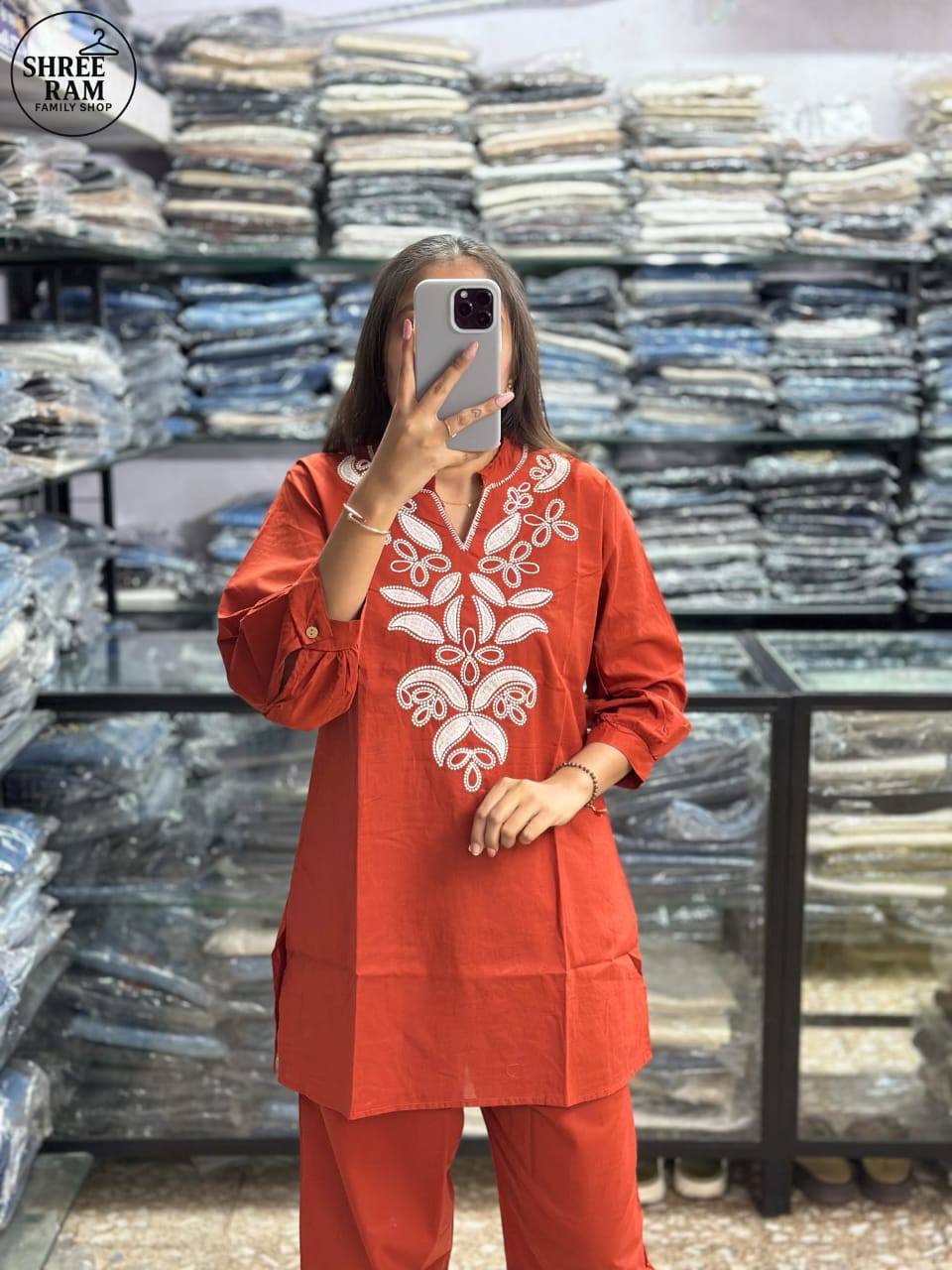 Rust Orange Embroidered Ethnic Co-ord Set for Women