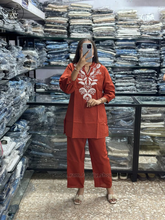 Rust Orange Embroidered Ethnic Co-ord Set for Women