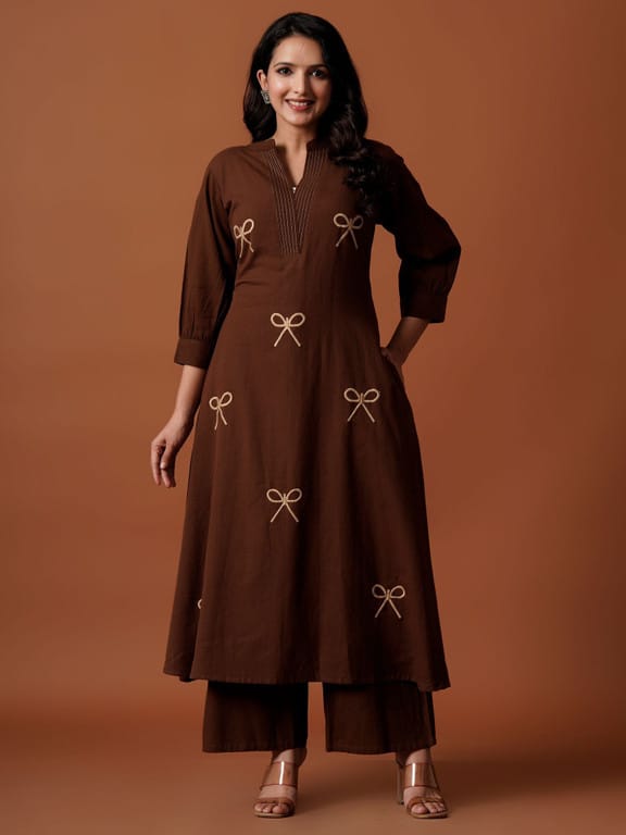 Chocolate Brown Bow Embroidered Kurta  Set