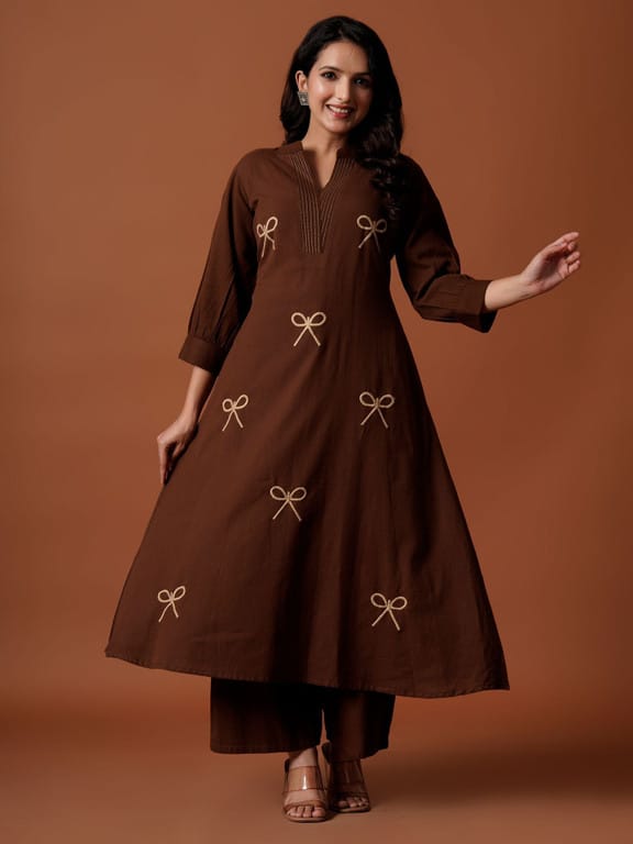 Chocolate Brown Bow Embroidered Kurta  Set