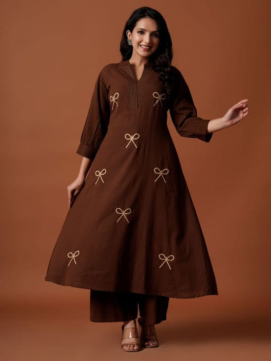 Chocolate Brown Bow Embroidered Kurta  Set