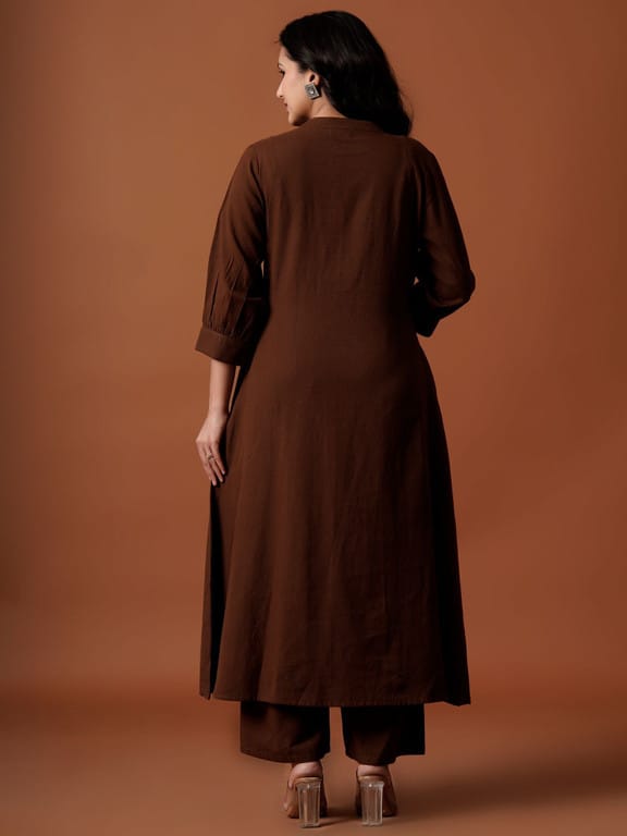 Chocolate Brown Bow Embroidered Kurta  Set