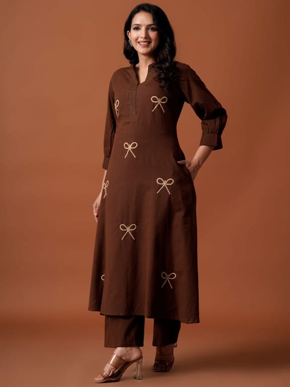 Chocolate Brown Bow Embroidered Kurta  Set