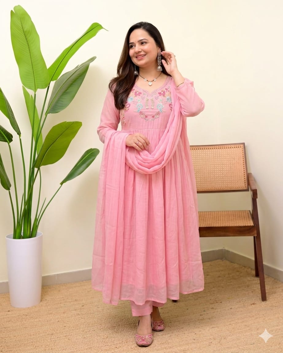 Blush Pink Cotton Embroidered Anarkali Kurta Set with Dupatta