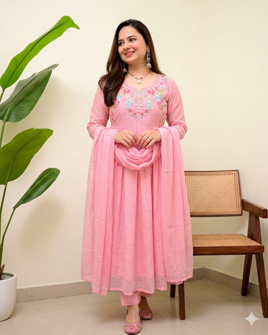 Blush Pink Cotton Embroidered Anarkali Kurta Set with Dupatta