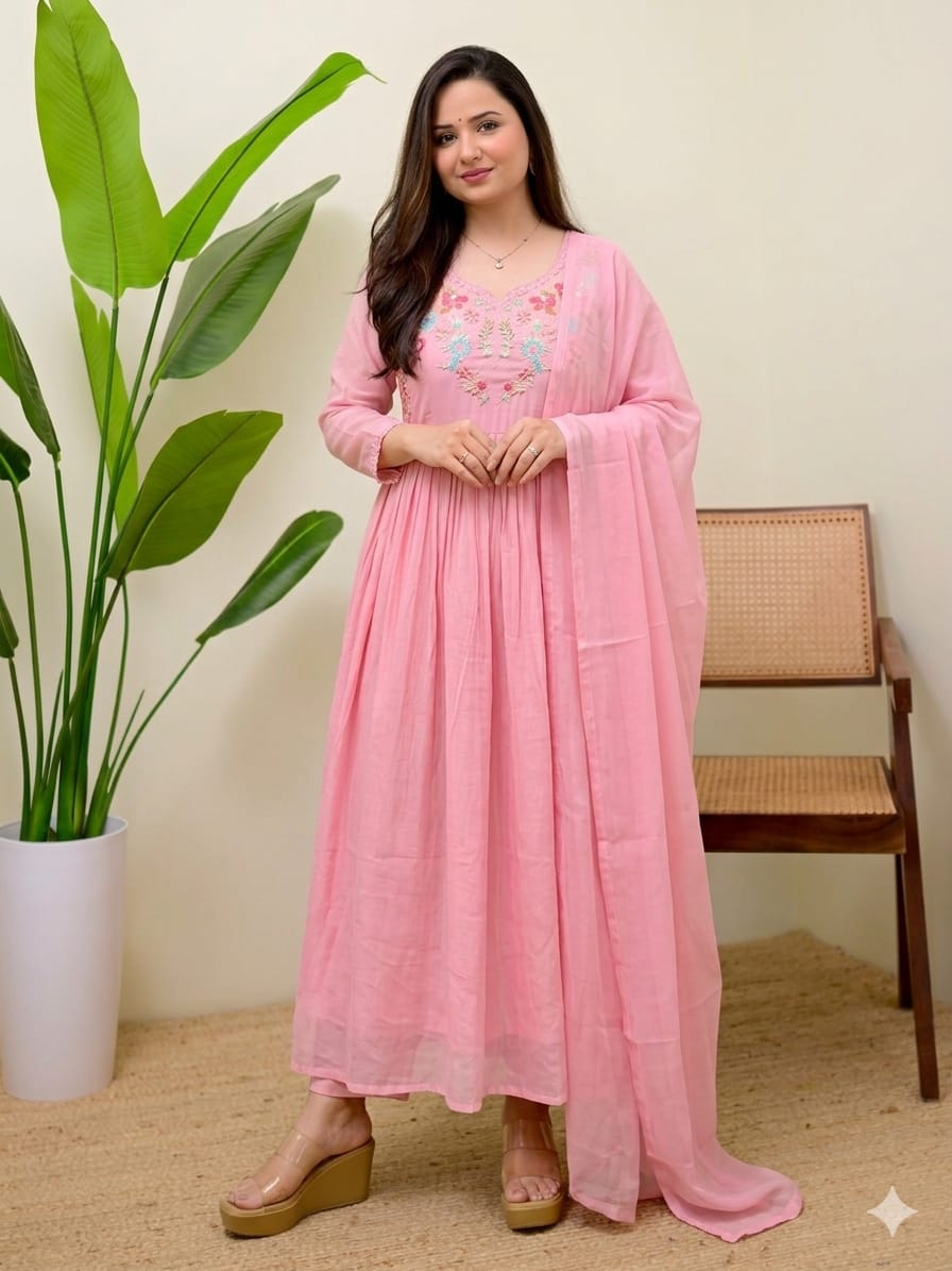 Blush Pink Cotton Embroidered Anarkali Kurta Set with Dupatta