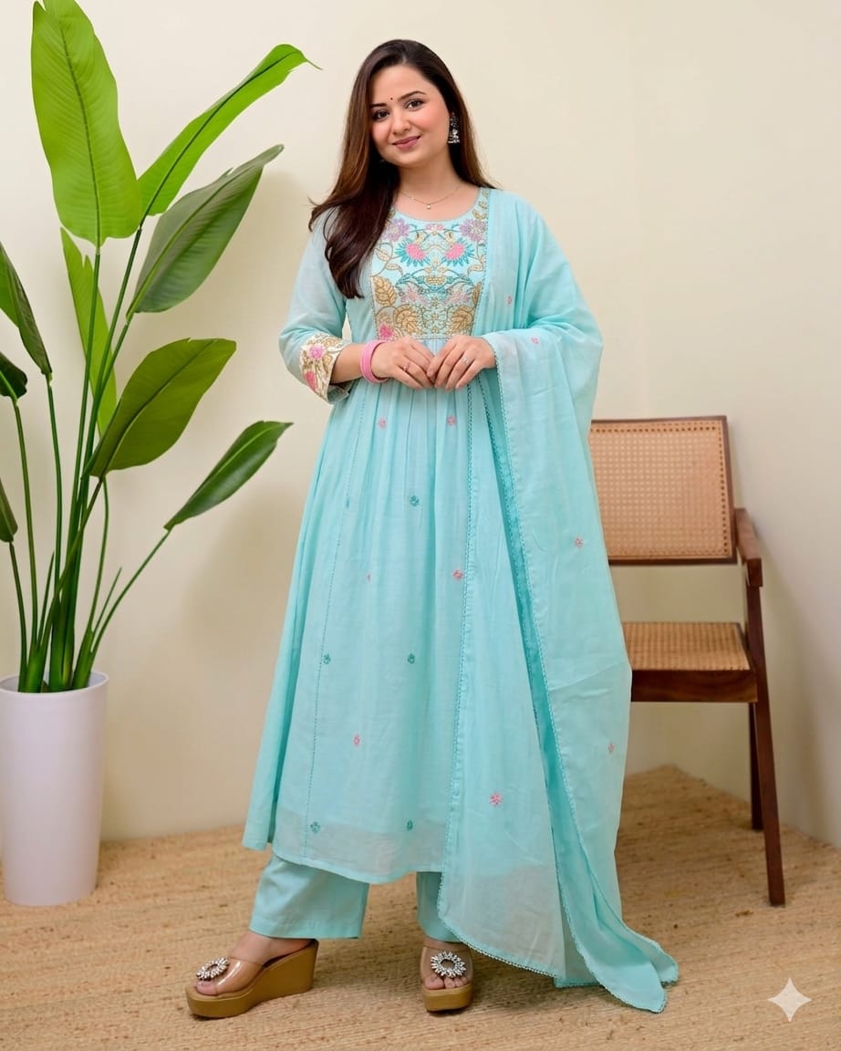Aqua Blue Cotton Embroidered Anarkali Kurta Set with Dupatta