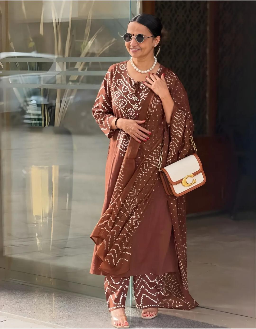 Brown Bandhani Print Cotton Kurta Set with Dupatta