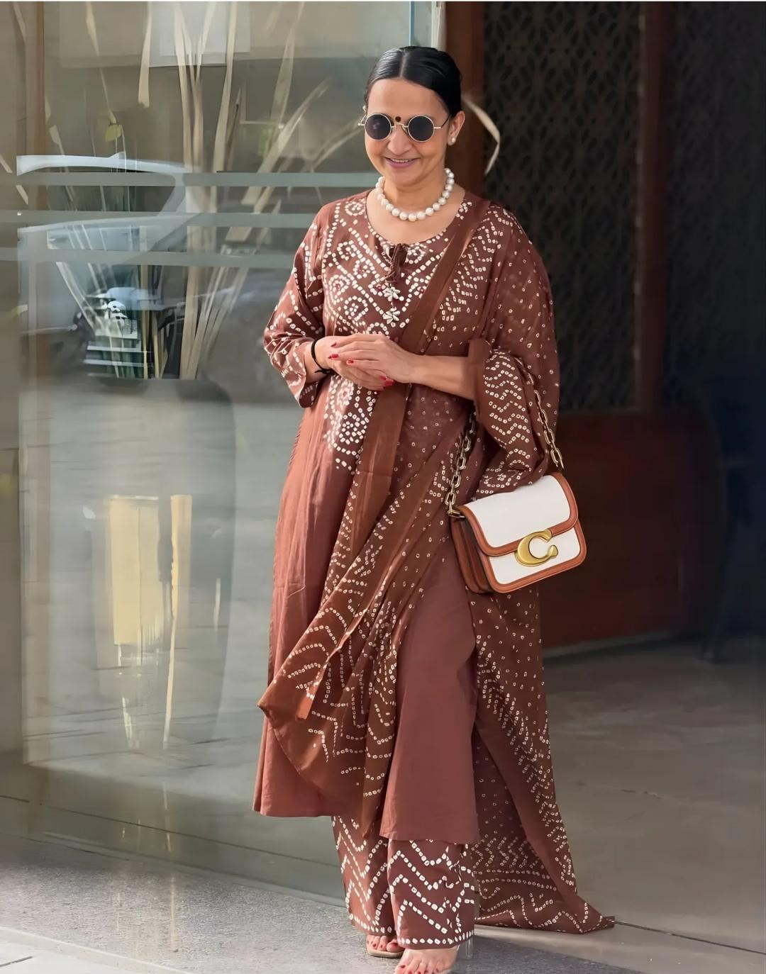 Brown Bandhani Print Cotton Kurta Set with Dupatta