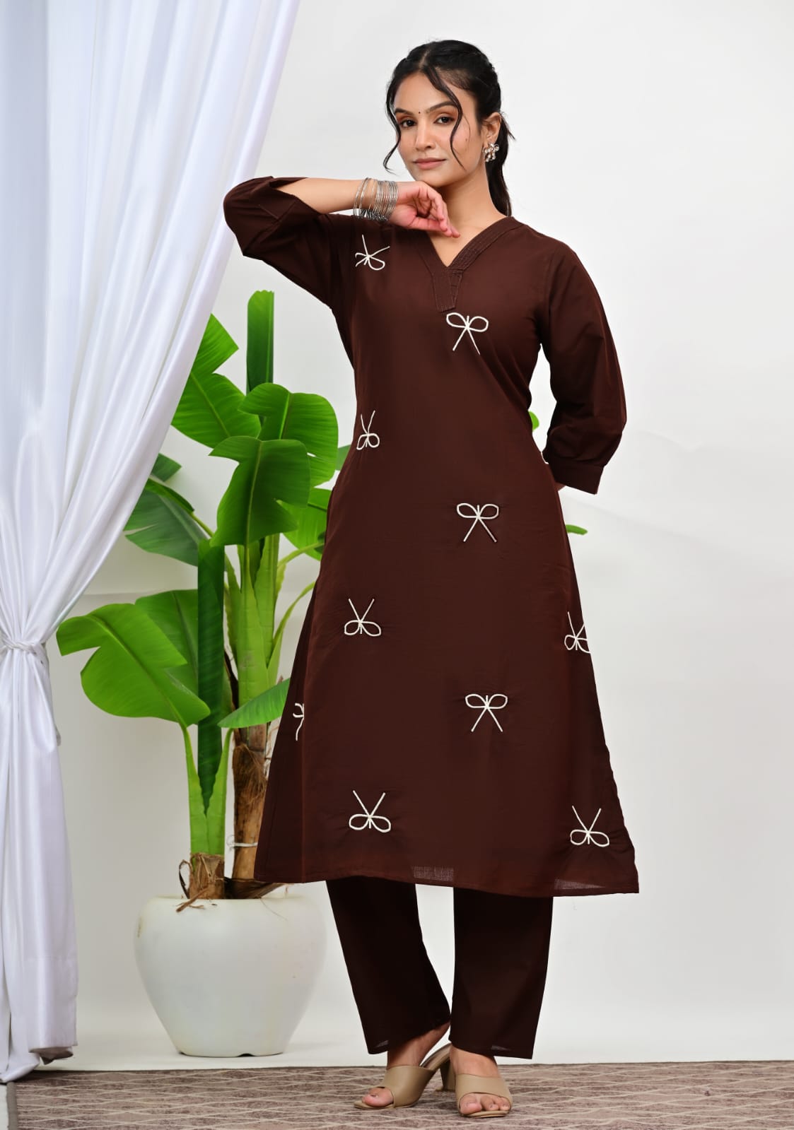 Chocolate Brown Bow Embroidered Kurta  Set