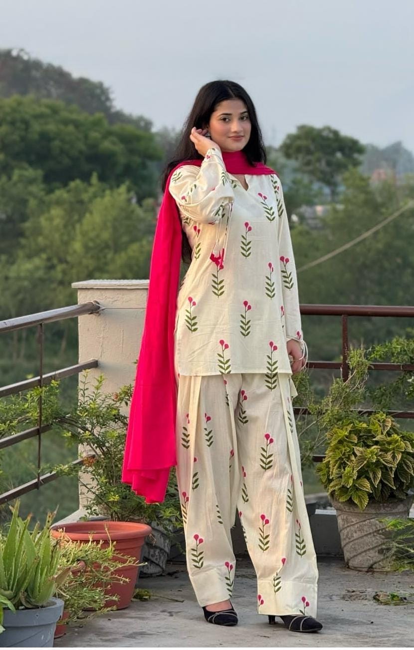 White Floral Printed Cotton Kurta Pant Set with Pink Dupatta for Women