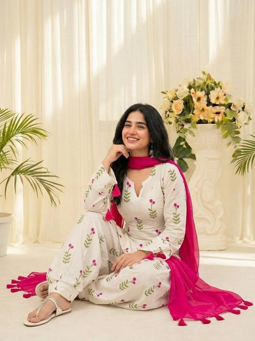 White Floral Printed Cotton Kurta Pant Set with Pink Dupatta for Women