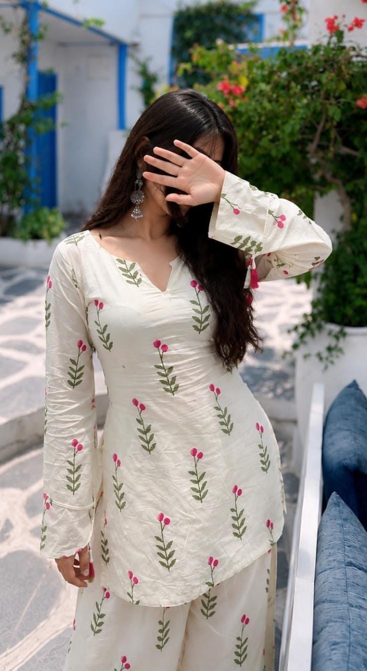 White Floral Printed Cotton Kurta Pant Set with Pink Dupatta for Women