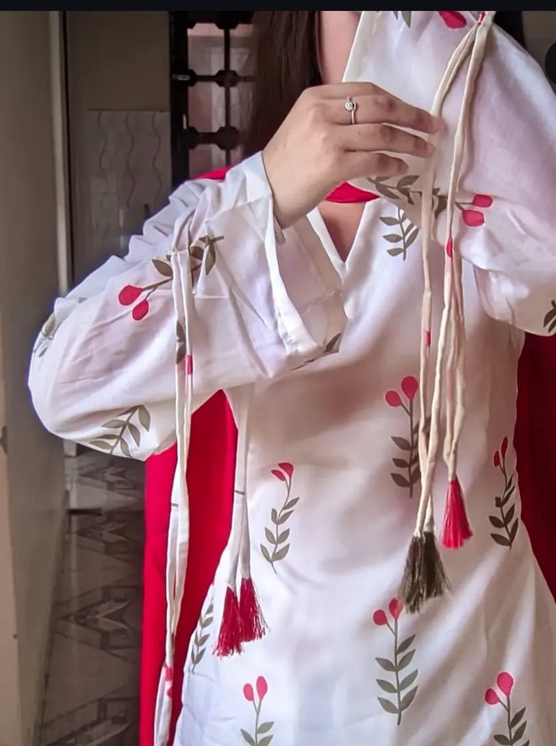 White Floral Printed Cotton Kurta Pant Set with Pink Dupatta for Women