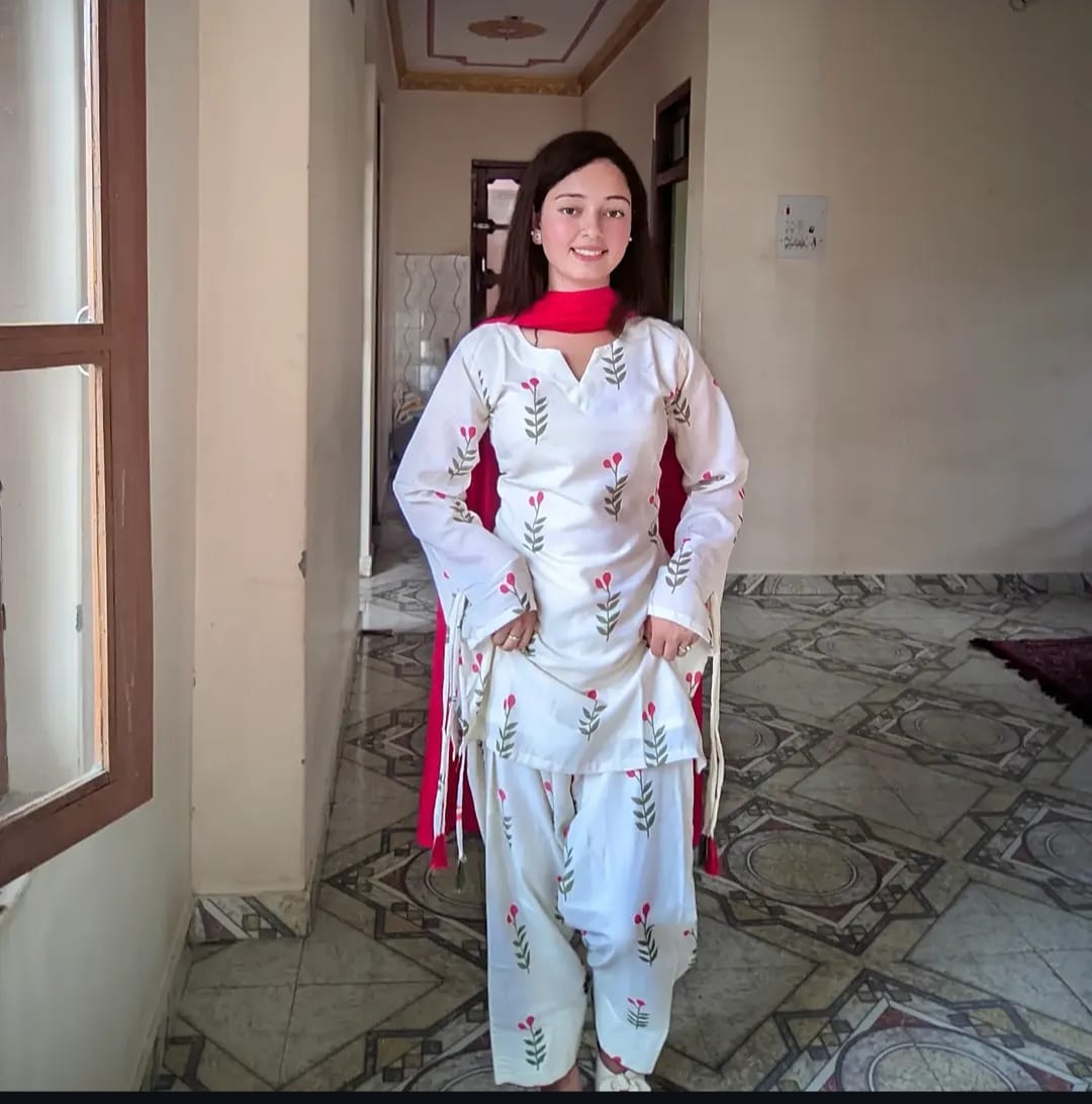 White Floral Printed Cotton Kurta Pant Set with Pink Dupatta for Women