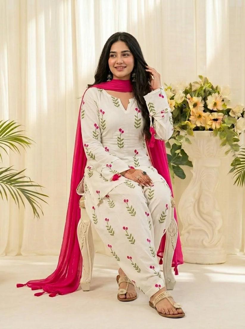 White Floral Printed Cotton Kurta Pant Set with Pink Dupatta for Women
