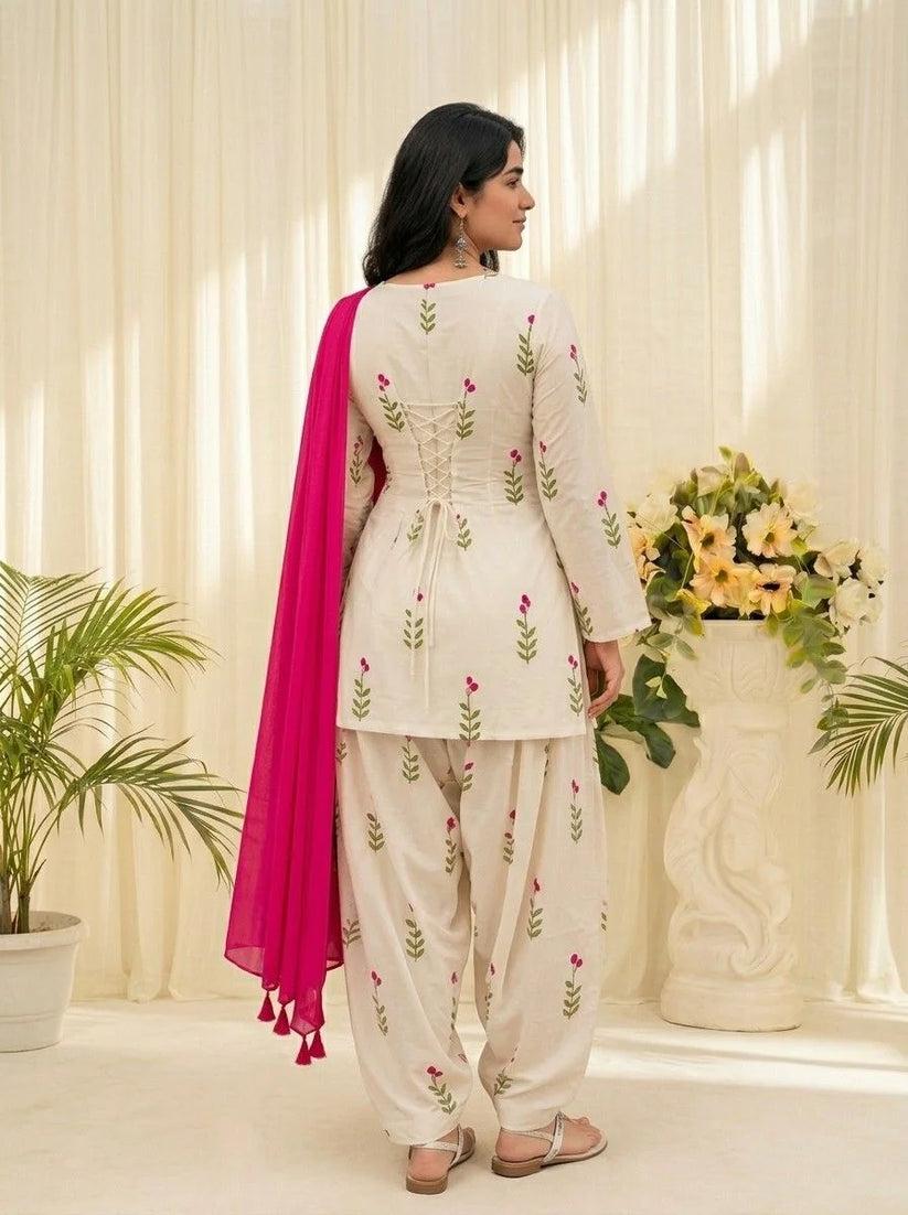 White Floral Printed Cotton Kurta Pant Set with Pink Dupatta for Women