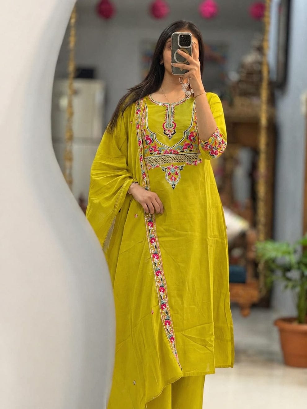 Light Green Embroidered Cotton Kurta Pant Dupatta Set