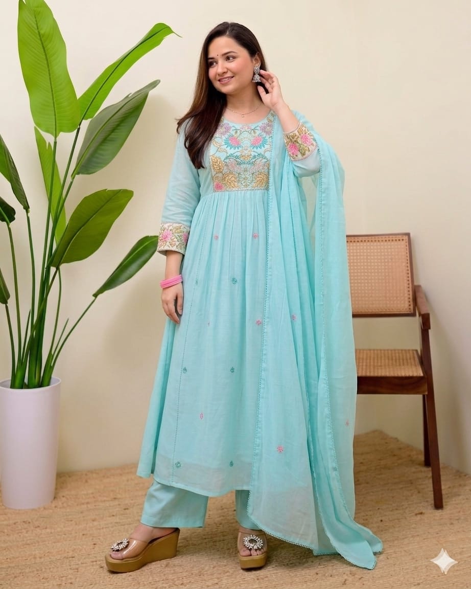Aqua Blue Cotton Embroidered Anarkali Kurta Set with Dupatta