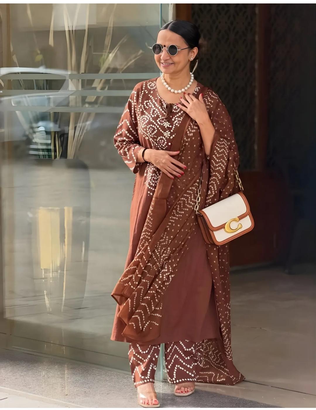 Brown Bandhani Print Cotton Kurta Set with Dupatta