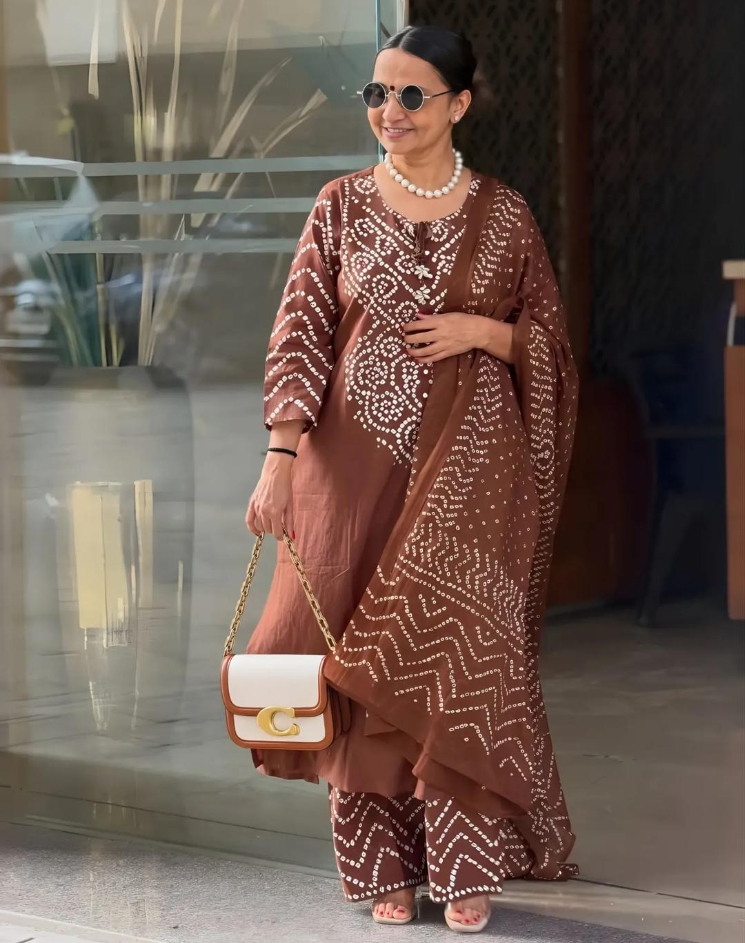 Brown Bandhani Print Cotton Kurta Set with Dupatta