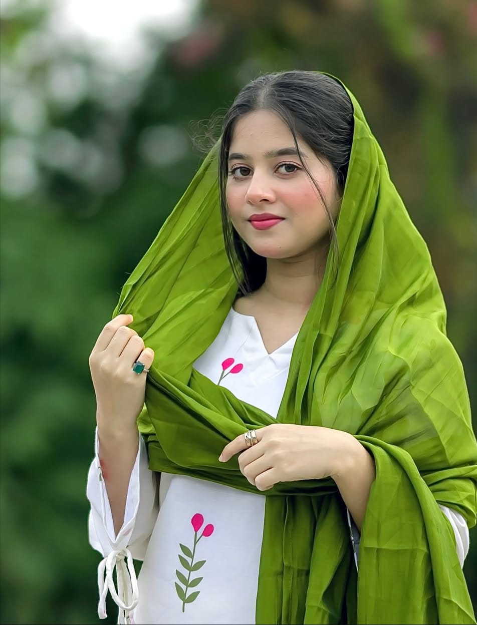 White Floral Printed Cotton Kurta Pant Set with Green Dupatta for Women