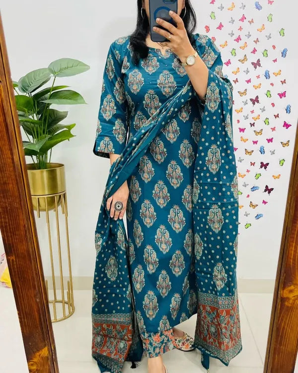 traditional cotton embroidered blue kurta pant set with dupatta set