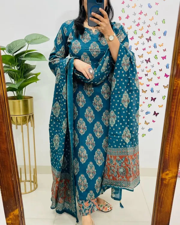 traditional cotton embroidered blue kurta pant set with dupatta set