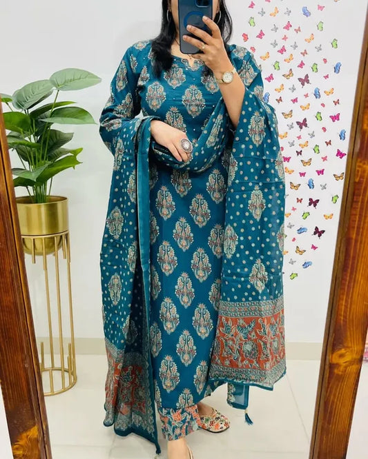 Traditional Cotton Embroidered Blue Kurta Pant Set With Dupatta Set