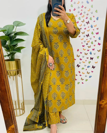 Traditional Cotton Embroidered Yellow Mustard Kurta Pant Set With Dupatta Set
