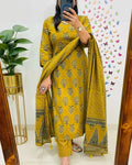 Traditional Cotton Embroidered Yellow Mustard Kurta Pant Set With Dupatta Set
