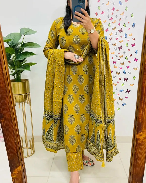 traditional cotton embroidered yellow mustard kurta pant set with dupatta set