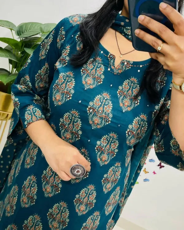 Traditional Cotton Embroidered Blue Kurta Pant Set With Dupatta Set