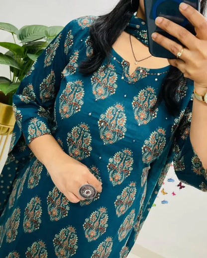 Traditional Cotton Embroidered Blue Kurta Pant Set With Dupatta Set