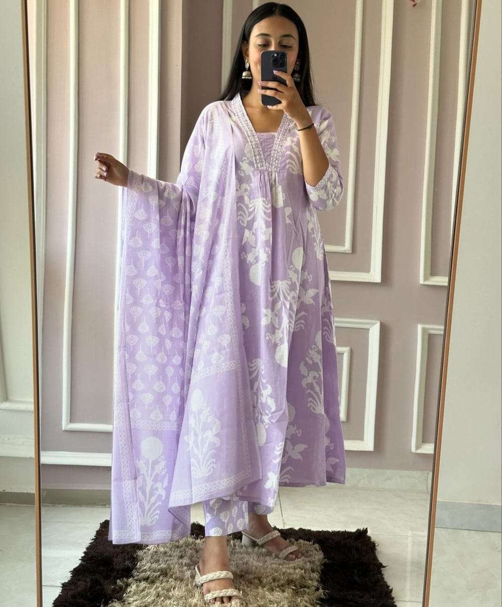 purple embroidered cotton kurta pant dupatta set for women