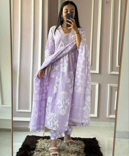 Purple Embroidered Cotton Kurta Pant Dupatta Set For Women