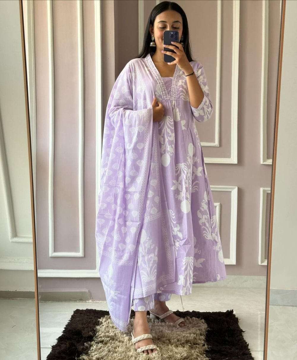 purple embroidered cotton kurta pant dupatta set for women