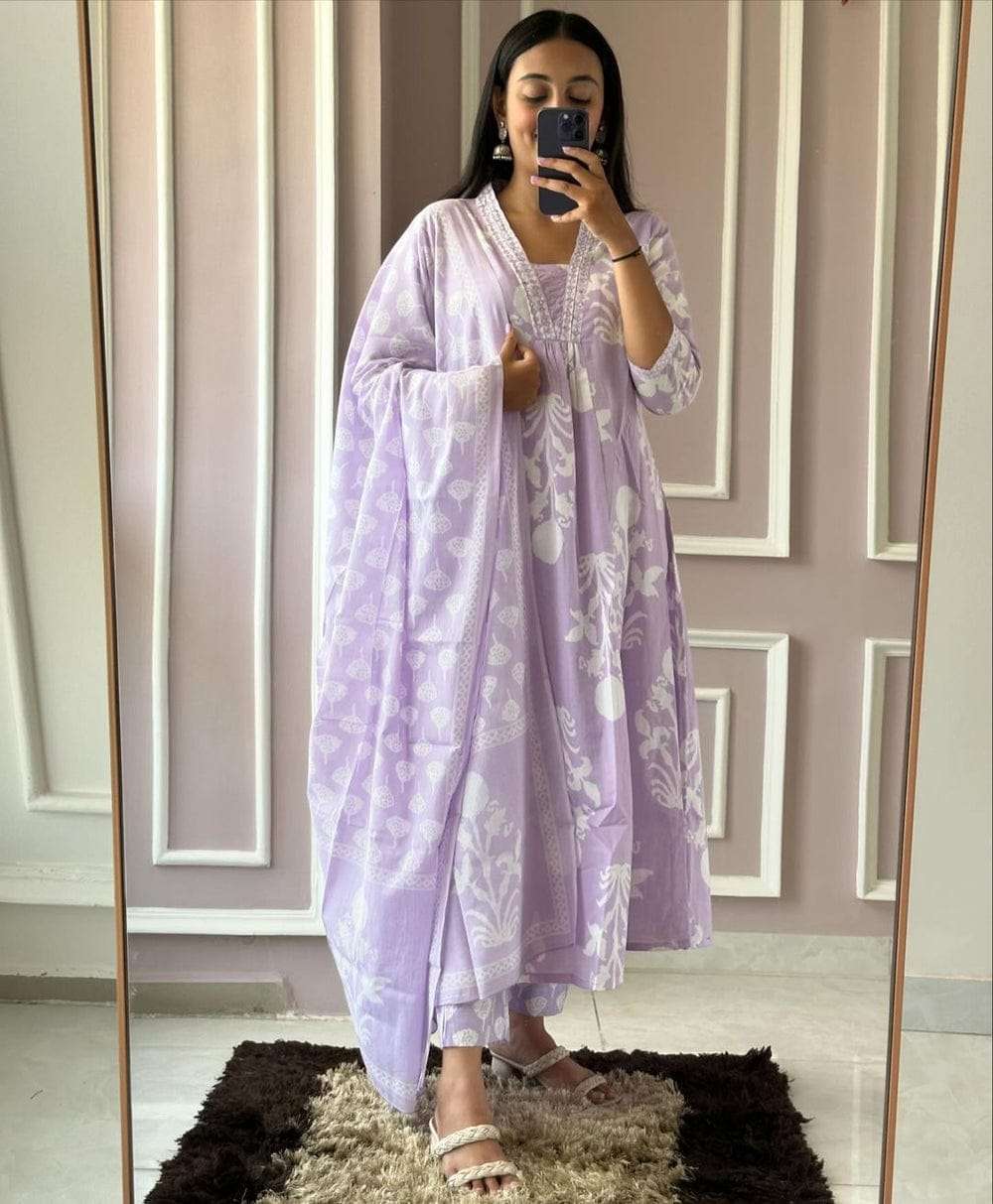 purple embroidered cotton kurta pant dupatta set for women