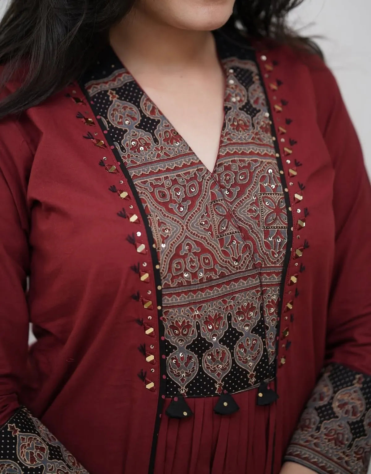 maroon cotton kurta pant set with embroidered yoke & printed dupatta