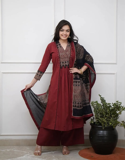 Maroon Cotton Kurta Pant Set With Embroidered Yoke & Printed Dupatta