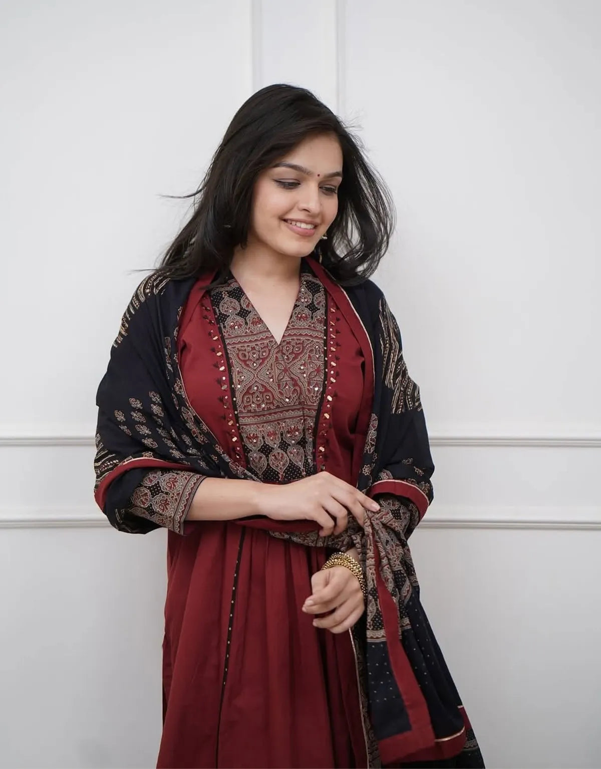 maroon cotton kurta pant set with embroidered yoke & printed dupatta