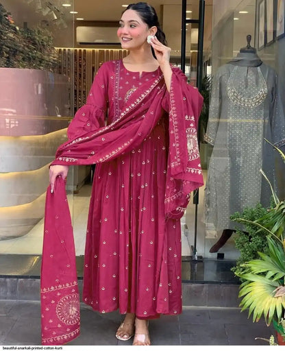 Pink Peacock Cotton Printed Anarkali And Pant With Dupatta Set ( Pink )