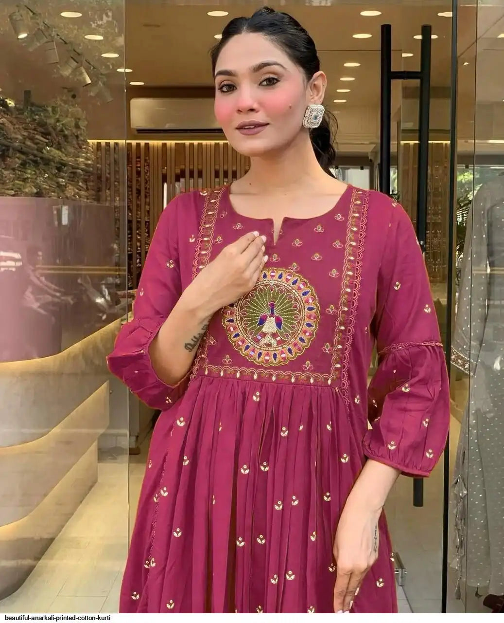 pink peacock cotton printed anarkali and pant with dupatta set ( pink )