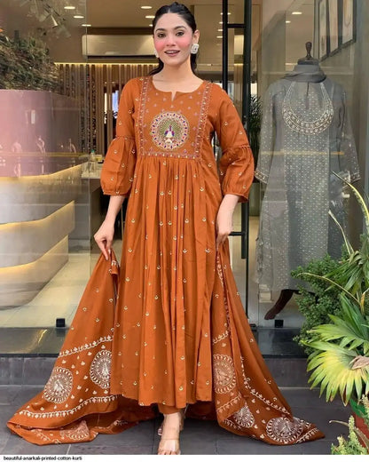 Peacock Printed Orange Cotton Anarkali And Pant With Dupatta Set