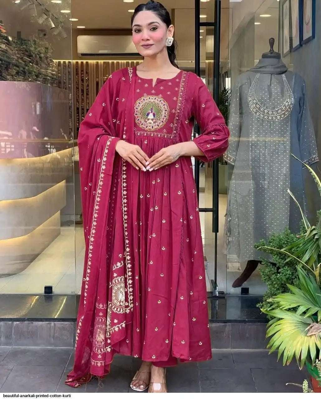 pink peacock cotton printed anarkali and pant with dupatta set ( pink )