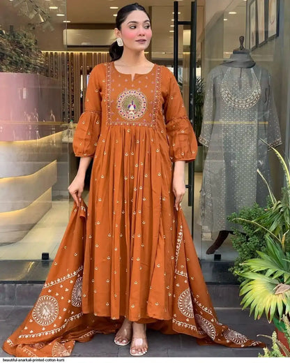 Peacock Printed Orange Cotton Anarkali And Pant With Dupatta Set