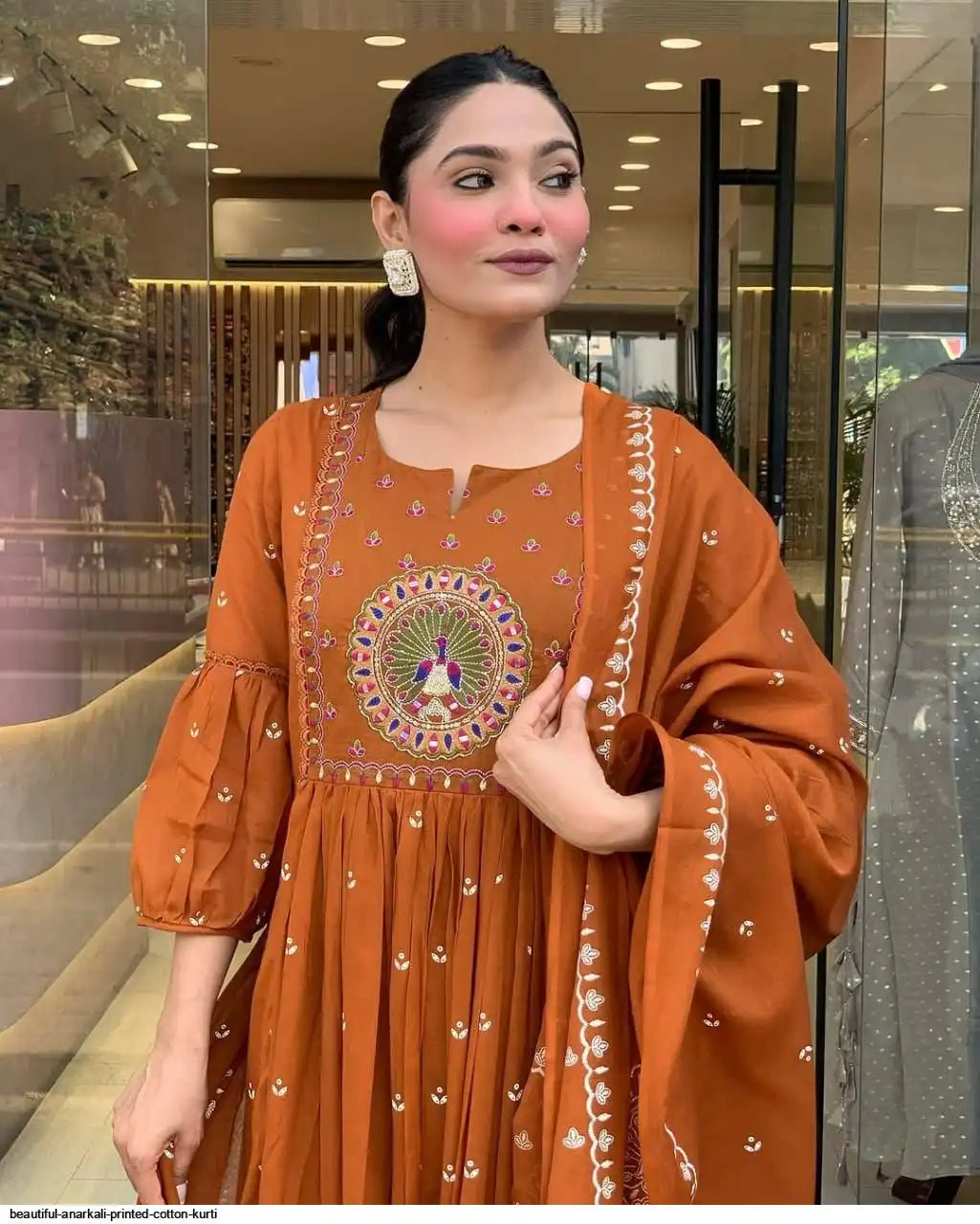 peacock printed orange cotton anarkali and pant with dupatta set