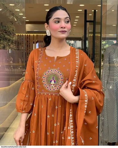 Peacock Printed Orange Cotton Anarkali And Pant With Dupatta Set