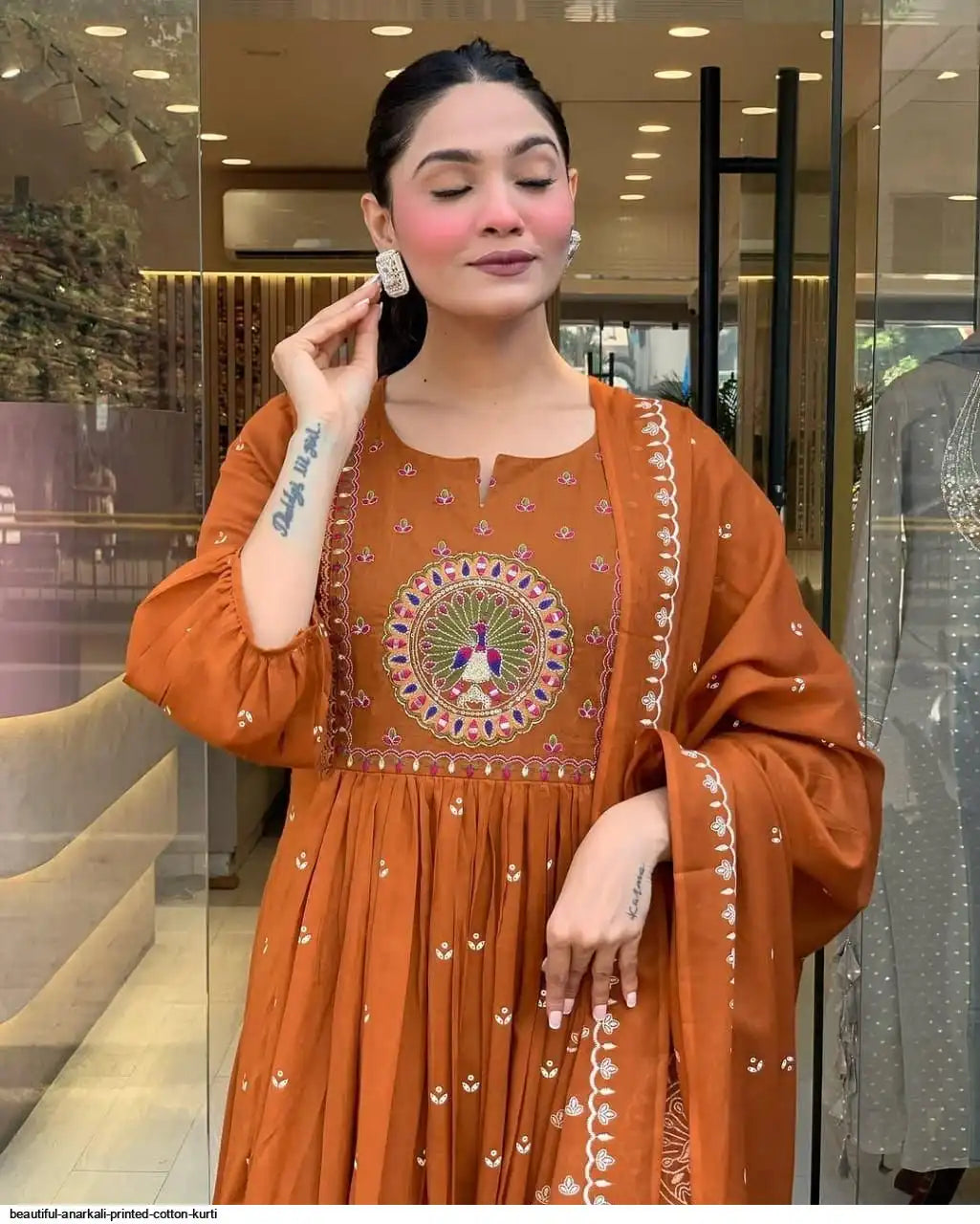 peacock printed orange cotton anarkali and pant with dupatta set