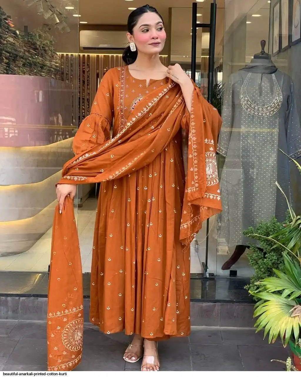 peacock printed orange cotton anarkali and pant with dupatta set